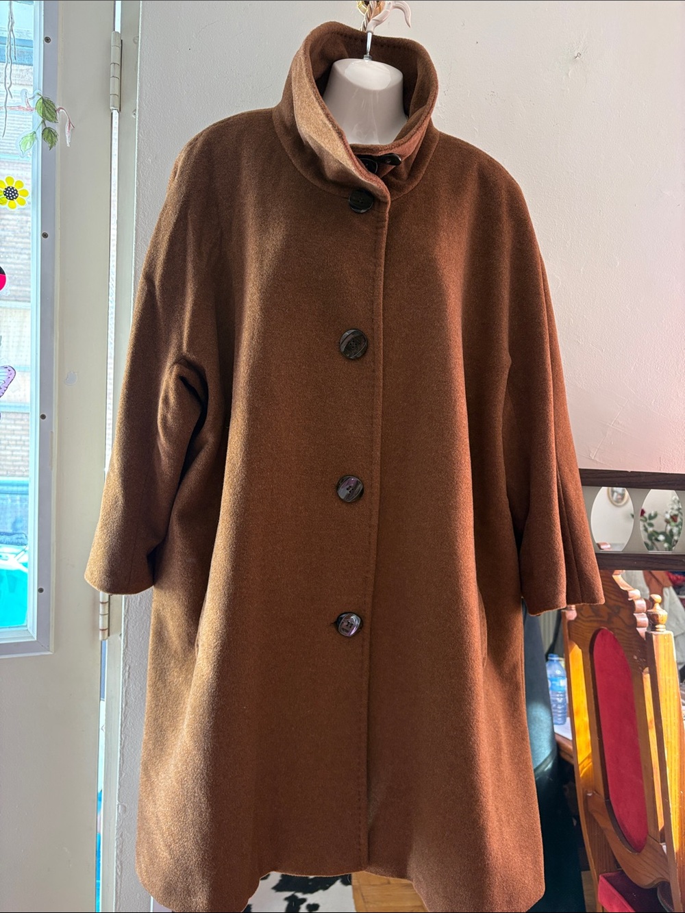 Ellen Tracy Chestnut Brown Wool A-Line Button-Front Cape Coat